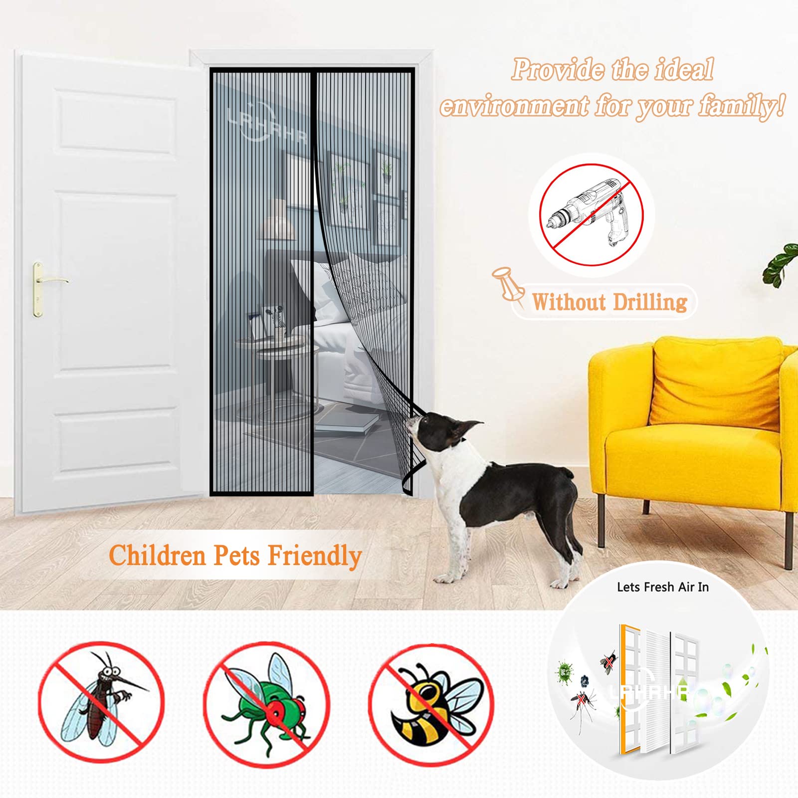 Magnet Fliegengitter Tür, Insektenschutz Balkontür Auto Schließen Magnetische Adsorption, ohne Bohren, für Balkon Wohnzimmer Türen-Black-A|| 110x230cm(43x90inch)