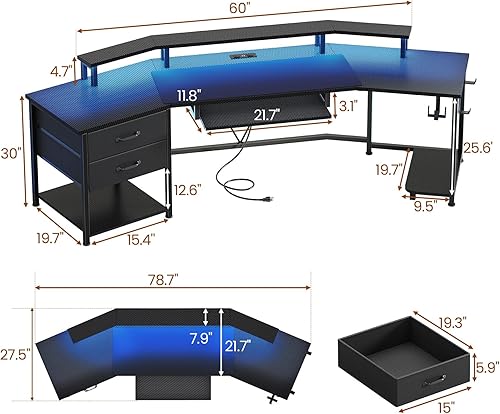 Miniatura 2 de Itaar Escritorio para juegos de 79 pulgadas con 2 cajones de tela, escritorio largo para computadora con regleta de enchufes y luces LED,