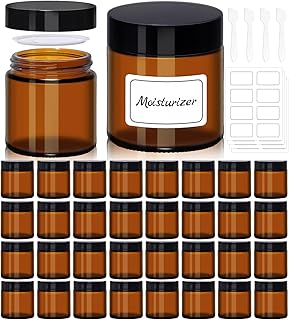 UPBUD 4 oz Amber Glass Jars with Lids - 32 Pack Brown Cosmetic Containers with Stickers & 4 Spoons, Wide-Round Smooth Mouth, Sealable for Creams, Essential Oils, Body Butter, Travel Samples