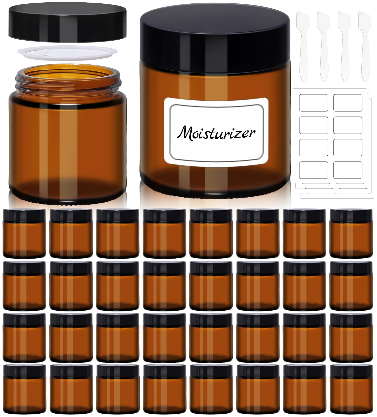 4 oz Amber Glass Jars with Lids - 32 Pack Brown Cosmetic Containers with Stickers & 4 Spoons, Wide-Round Smooth Mouth, Sealable for Creams, Essential Oils, Body Butter, Travel Samples 4oz/Amber/32pcs