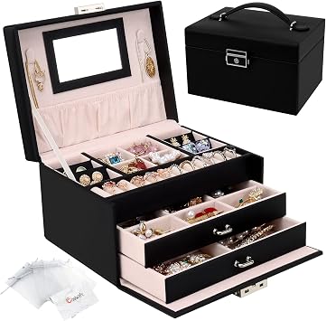 Jewellery Box Organiser, 3 Layers PU Leather Jewelry Storage Case with Mirror and Lock, Lockable Jewellery Organiser with 2 Drawers for Rings, Bracelets, Earrings, Black