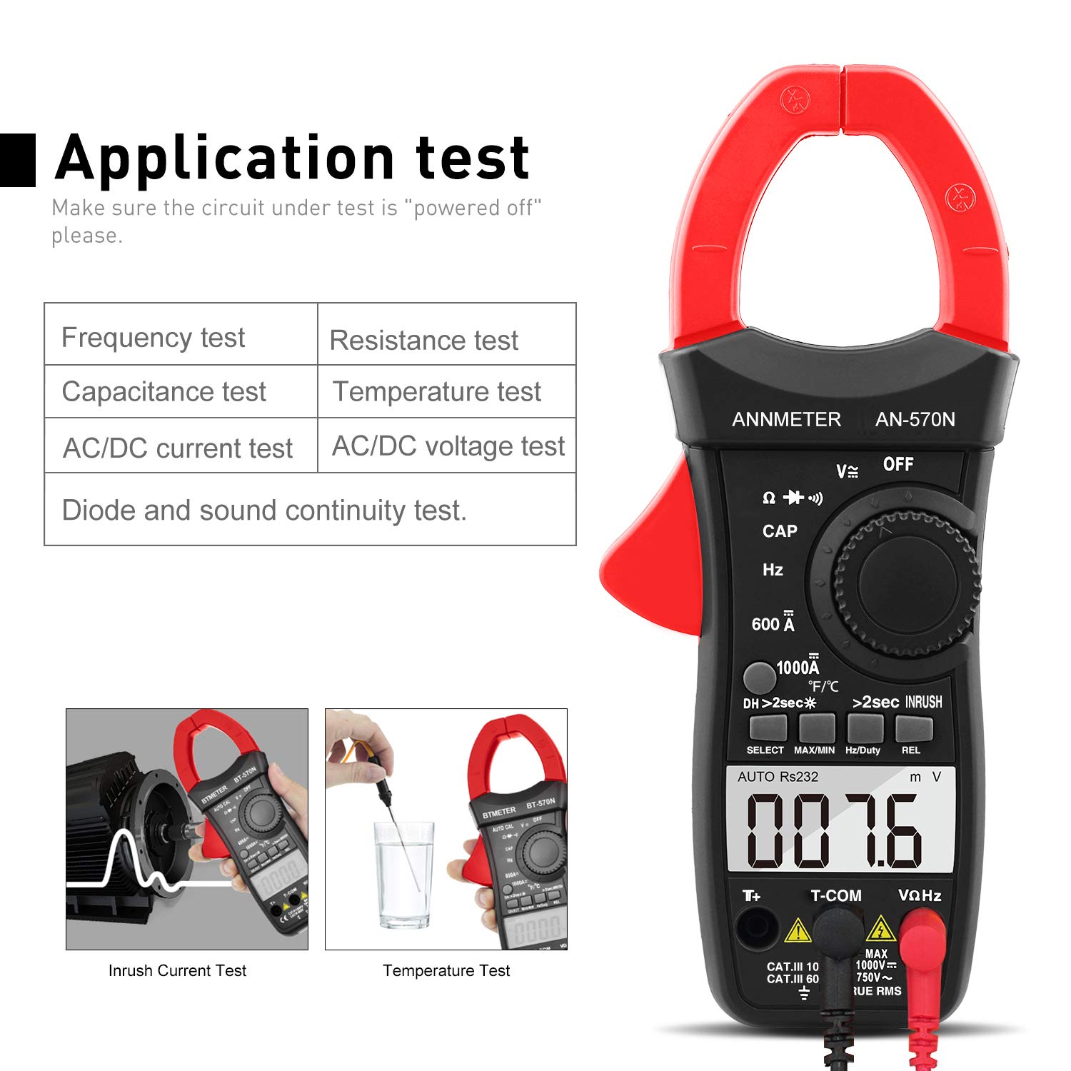 AIOMEST Digital AC DC Inrush Current Clamp Multimeter, 6000 Counts TRMS Auto Range DMM Meter for AC/DC Volt Amp Ohm Temp Duty Hz, Multi-Tester for Voltage Current Resistance Capacitance AI-570N