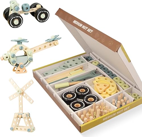 WoodenEdu Juego de herramientas para niños, juguetes Montessori de madera para niños y niñas de 3, 4 y 5 años, kits de herramientas de madera para