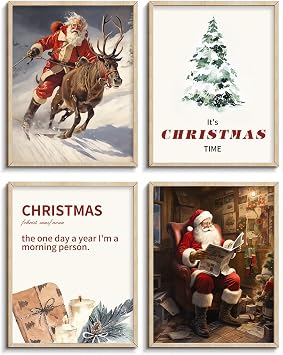 MOCVSWO Merry Christmas Poster Decoration,Retro Red Santa Claus,Elk,Gifts,Sled Christmas Wall Decoration,Winter Decoration Gallery Wall Art Set Of 4 8"x10"Inches,Unframed.