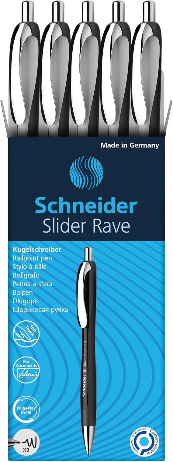 Schneider Limited Edition Slider Rave Black, XB (Extra Broad) Ballpoint Pen, Refillable + Retractable, 1.4 mm, White-Black Barrel, Blue Ink, Box of 5 Pens (132549)