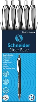 Schneider Limited Edition Slider Rave Black, XB (Extra Broad) Ballpoint Pen, Refillable + Retractable, 1.4 mm, White-Black Barrel, Blue Ink, Box of 5 Pens (132549)