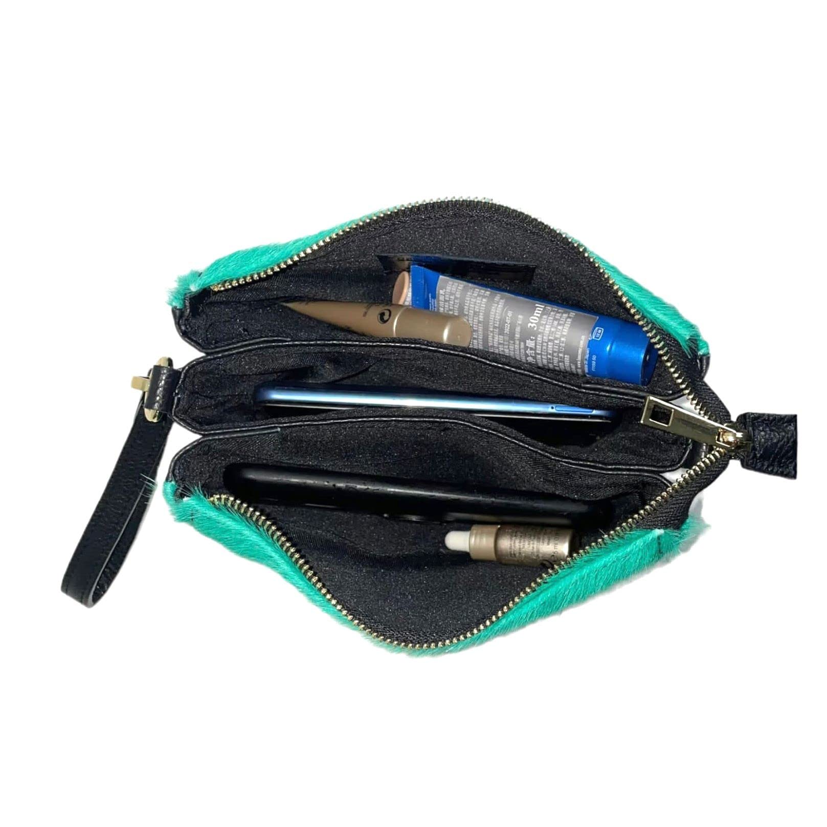Bolso Bandolera de Piel Auténtica para Mujer, 3 Compartimentos con Estampado Animal Print con Pelaje Natural, con Correa Ajustable y Extraíble