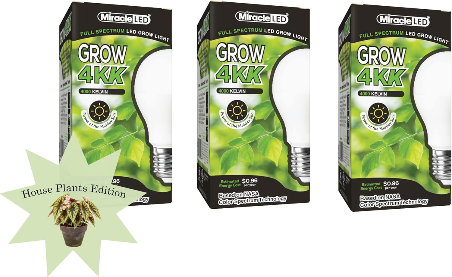 Miracle LED 4KK 8W House Plants, Grow Light Bulbs (3-Pack)