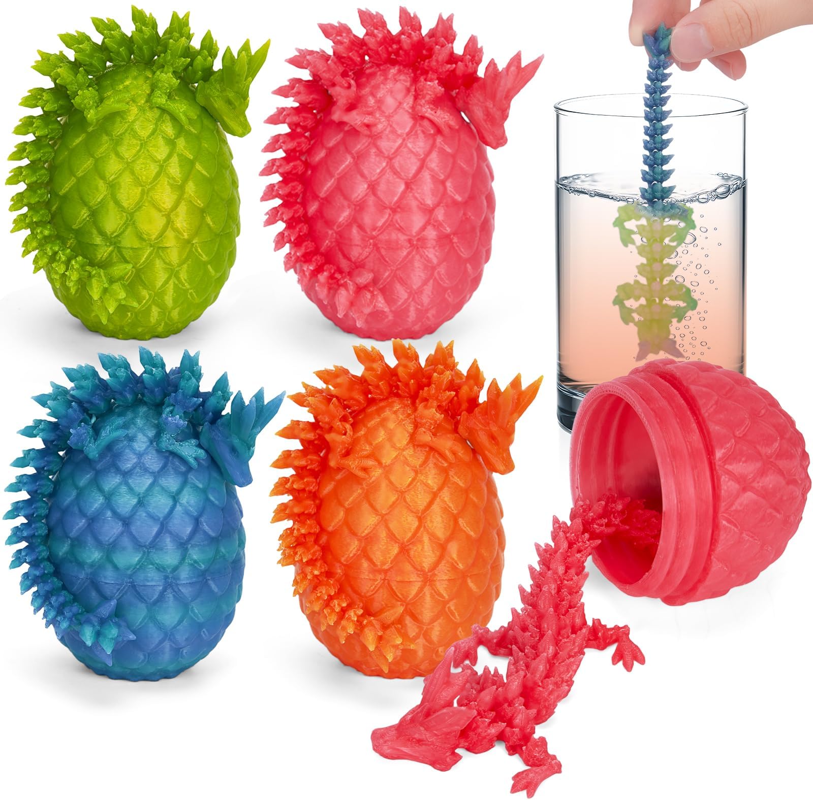 TBOLINE 4PCS 3D Printed Color Changing Dragon Egg, Articulated Crystal Animals Cool Fidget Toys, Small 3D Printer Dinosaur Eggs Party Favors Toy Classroom Prizes for Kids Boy Girls 5-7 8-12