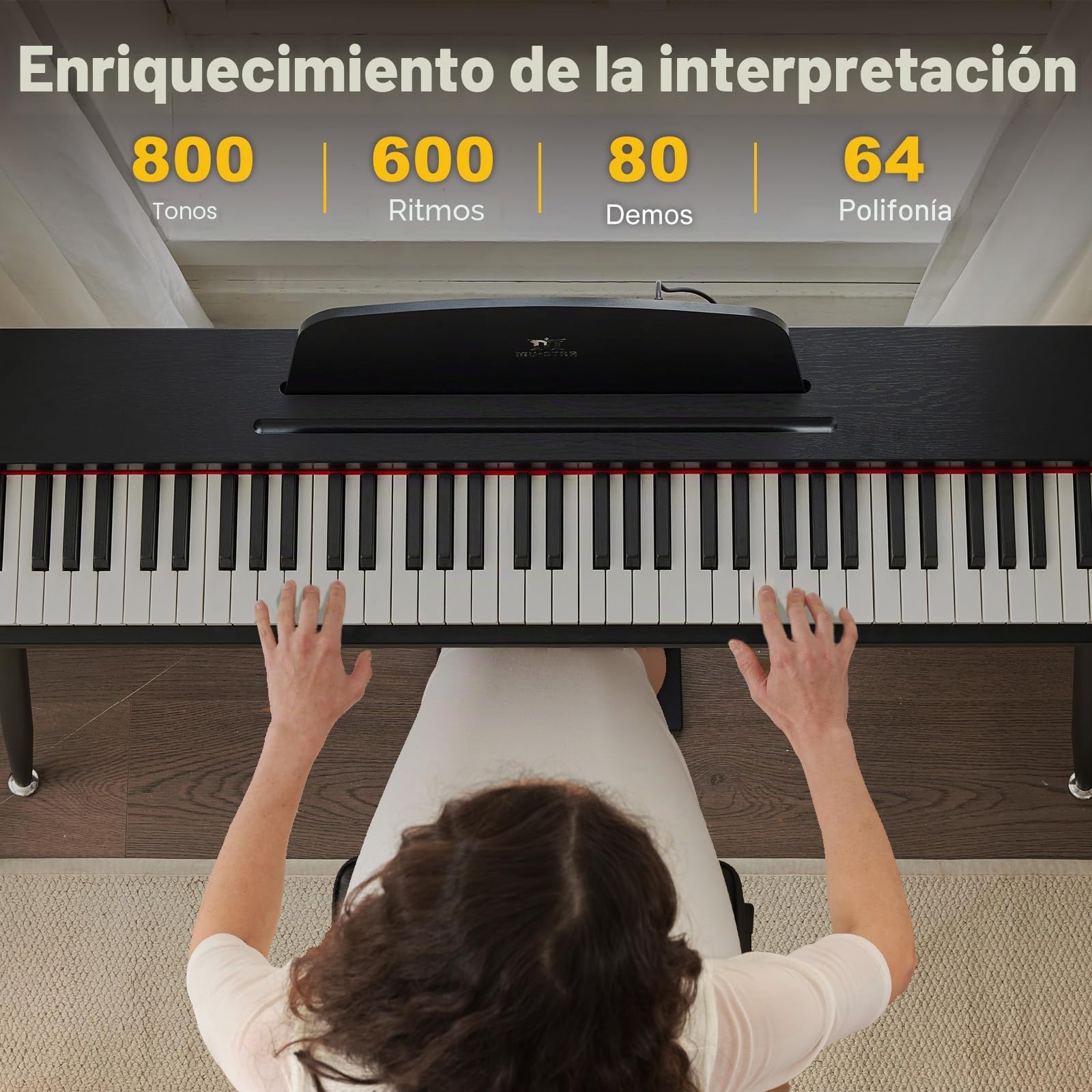 MUSTAR Piano Digital de 88 teclas con banco, teclado piano tamaño completo con 3 pedales, piano eléctrico portátil, piano digital para el hogar con MIDI-USB y soporte, negro