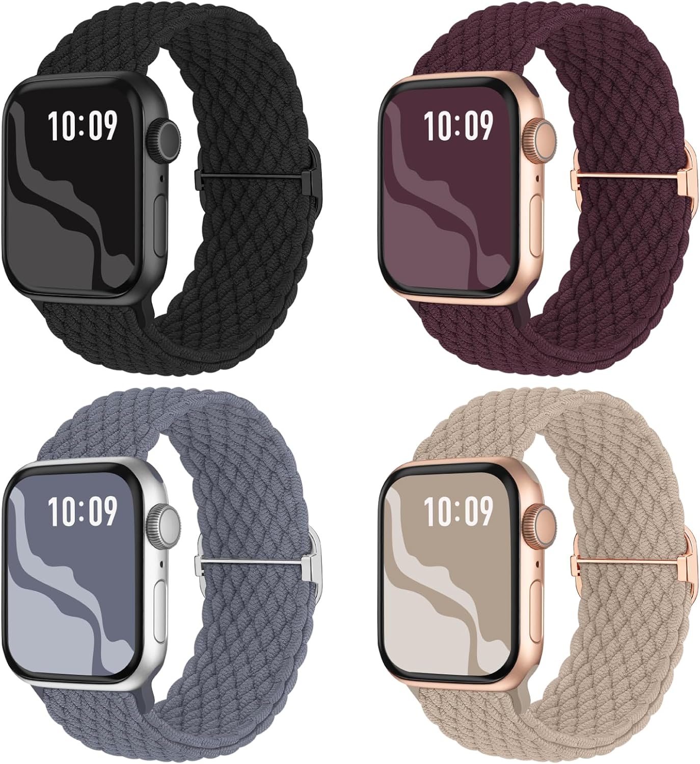 Braided Stretchy Solo Loop Compatible for Apple Watch Band 38mm 40mm 41mm 42mm 44mm 45mm 46mm 49mm for Women Men, Nylon Elastic Straps Wristbands for iWatch Series 10 9 8 7 6 SE 5 4 3 2 Ultra Ultra 2 Milk Tea/Blue Gray/Dark Cherry/Black 38mm/40mm/41mm/42mm(Series 10)