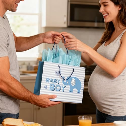 Miniatura 6 de DiffyGo Bolsa de regalo de bebé grande de 13 pulgadas para baby shower con papel de seda y tarjeta (azul)