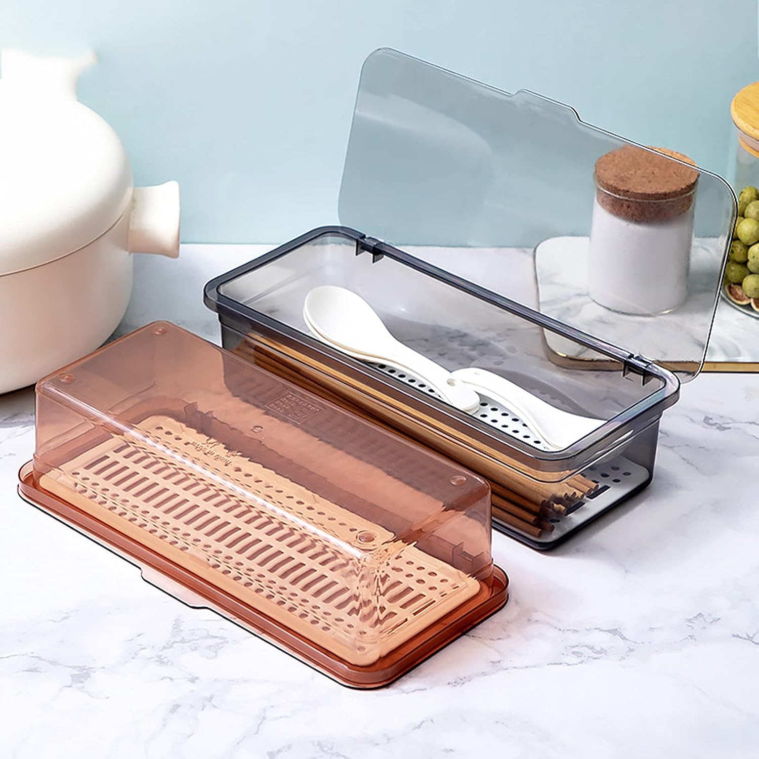 Chopstick Racks Household Kitchen Chopstick Box, Tableware Storage, Drain Cage Dustproof Plastic Holder(Grey)