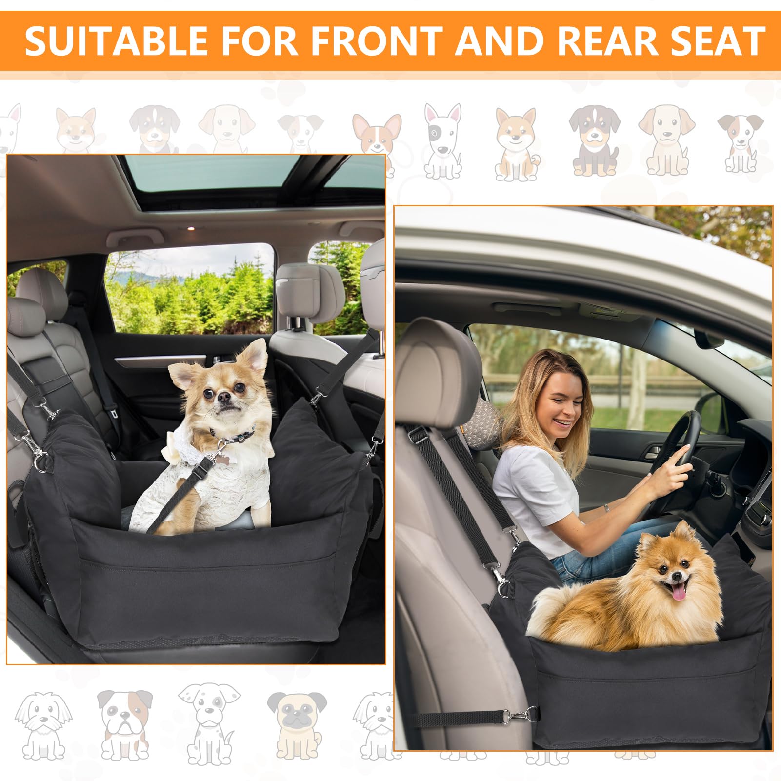 Avmvnvc Asiento Perro Coche Pequeño, Cama Perro Coche Portátil 2-in-1, Asientos Elevadores de Coche para Perros con Cojín Desmontable y Lavable, Correa de Seguridad y Bolsillos Laterales, Negro
