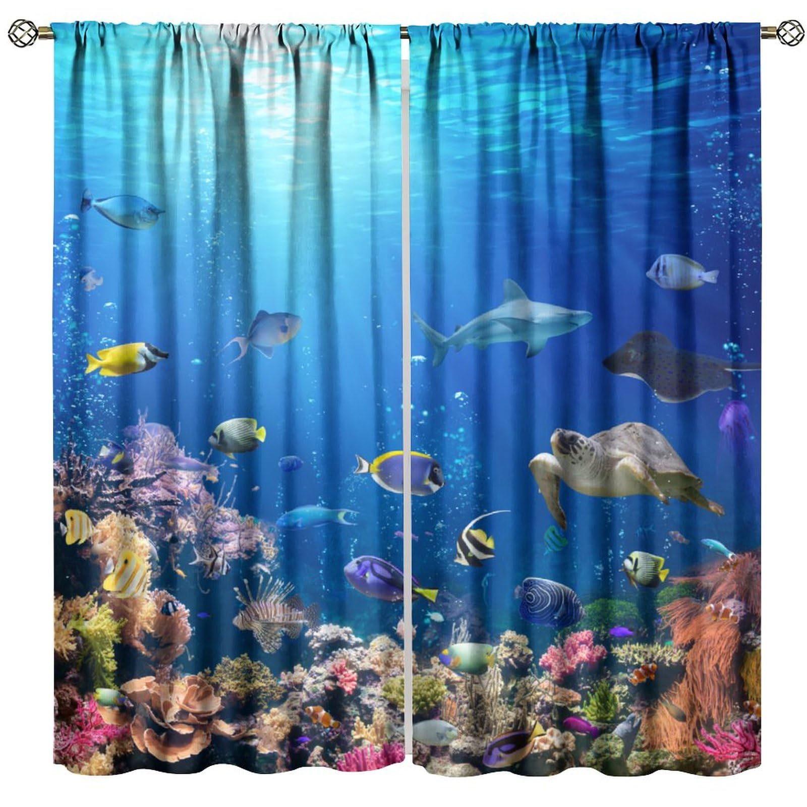FAOTELY Ocean Animal Blackout Curtains Underwater World Sea Turtle Shark Coral Fish Landscape Print Window Drapes for Bedroom Living Room Kitchen Cafe