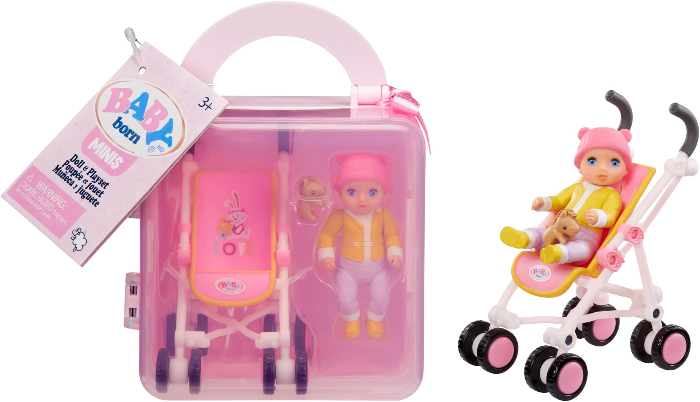 BABY bornMINIS Playset - Light Skin Tone Doll with Blue Eyes, Stroller & Animal Friend Accessory, Includes Reusable Carrying Case for On-The-Go Playtime