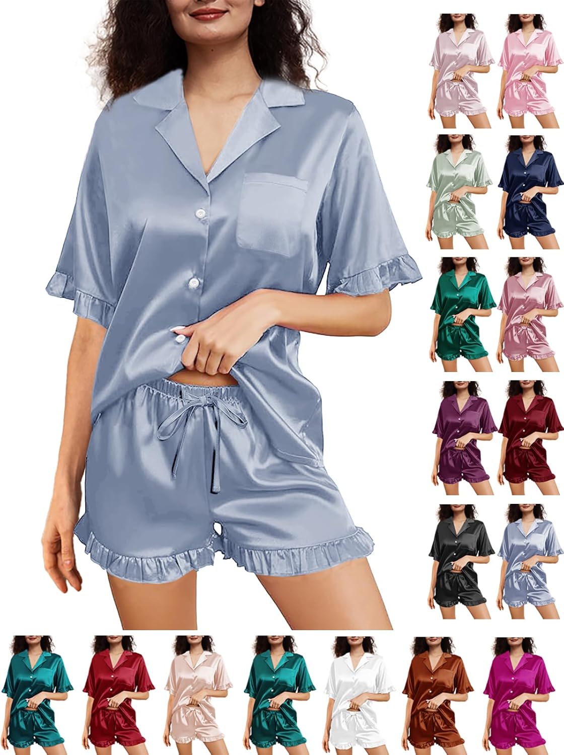 Womens Silk Pajamas Set XS-4XL Button Down Satin Pajama Sets Silky Pj Set Ruffle Sl...