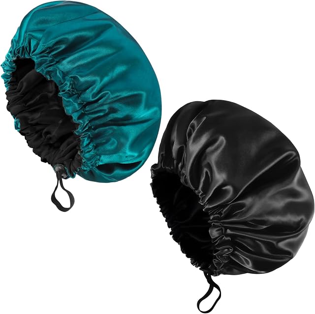 Fuyamp 2 Packs Satin Sleep Cap, Adjustable Silky Sleep Bonnet for Women Long Curly Hair, Double-Sided Waterproof Satin Hair Cap Extra Large Sleep Satin Bonnet for Women Sleeping(Black+Lake Green)