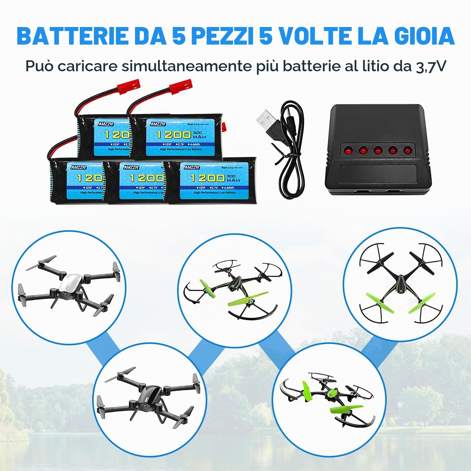 5PCS 3.7V 1200mAh 30C JST plug Lipo batteria con caricabatterie 5-in-1 per MJX T04 T05 T25 X900 X9TW V2400HD V2450FPV V2450GPS telecomando drone