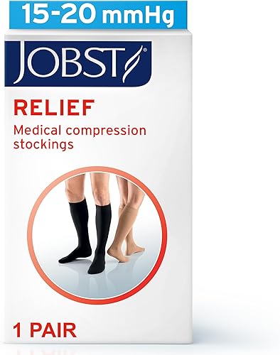Miniatura 2 de JOBST Relief - Calcetines de compresión graduados hasta la rodilla, 15-20 mmHg, cómodo diseño unisex, punta abierta, negro, talla L Petite