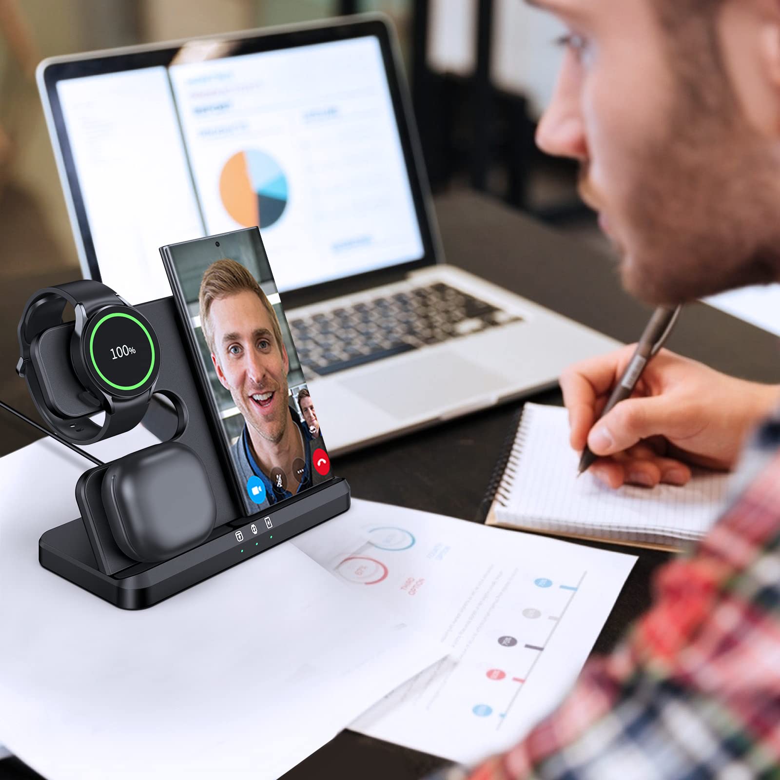 seacosmo Caricabatterie Wireless 3 in 1 per Samsung, Stazione Ricarica Wireless Rapida Charging Station, Caricatore S24/S23/S22/S21 Ultra/Z Flip/Fold 5/4, per Galaxy Watch 8/6/5 Pro & Galaxy Buds