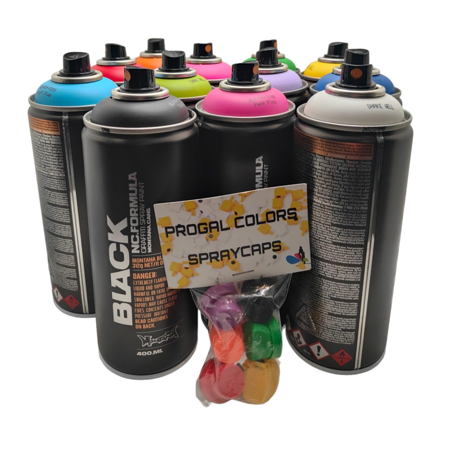 PROGAL COLORS Montana Black - Spray ad alta copertura, asciugatura rapida, 12 x 400 ml, 6 tappi di ricambio