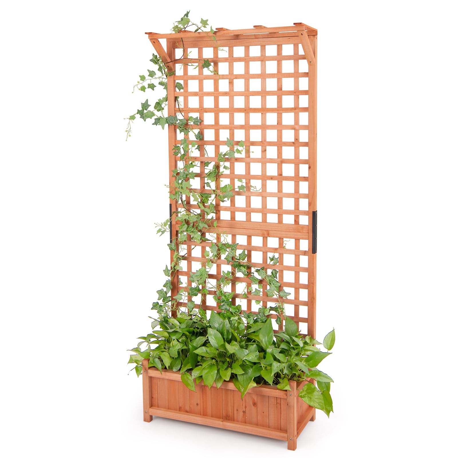 GOPLUS Blumenkasten mit Rankgitter, Pflanzkasten Holz mit Dach & Sichtschutz, Hochbeet mit Spalier für Kletterpflanzen, Gartenbeet mit Drainagelöchern, Pflanzkübel für Balkon & Garten, 75x33x183 cm