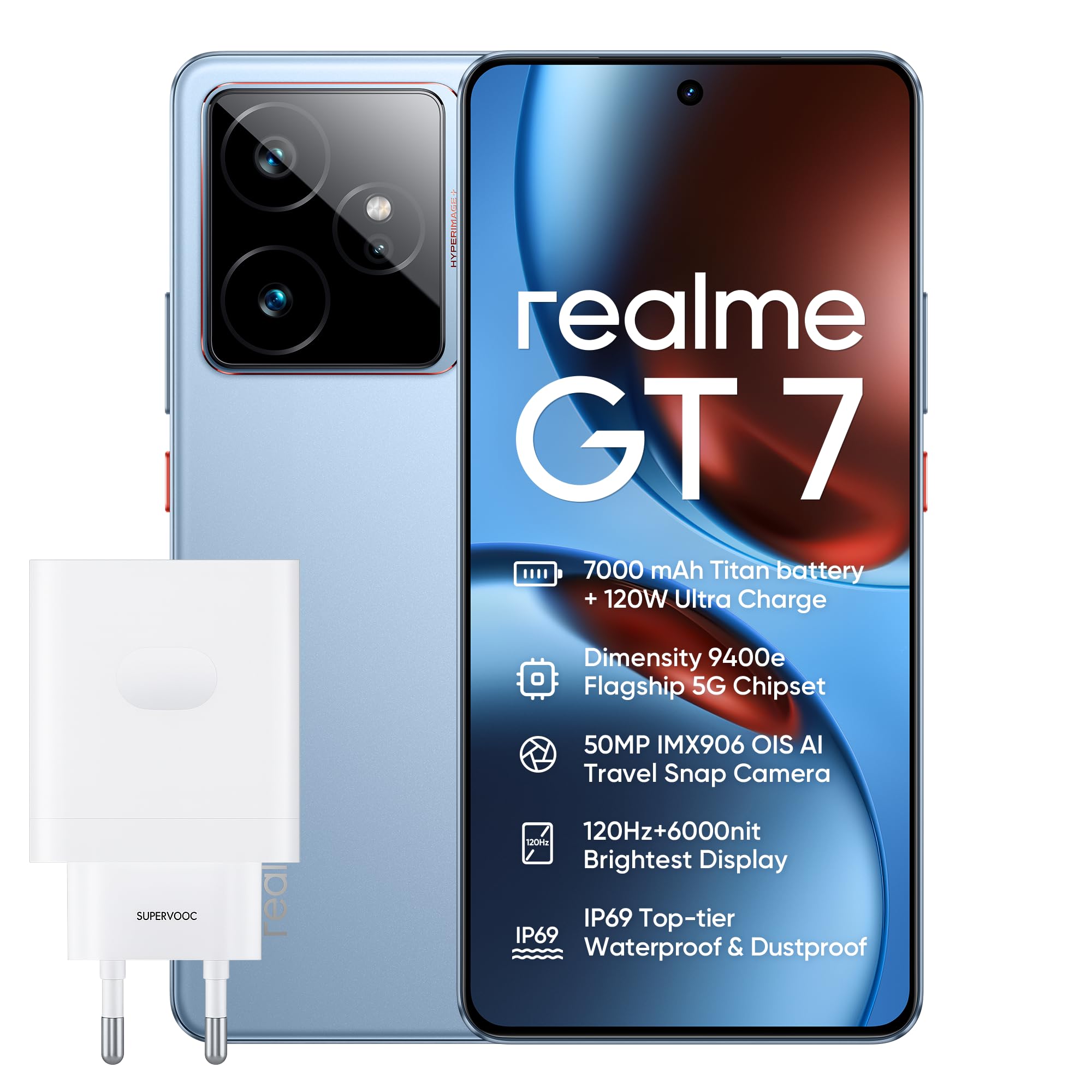 realme GT7 Smartphone 12+512 Go, Processeur Dimensity 9400e, Batterie Titan 7000 mAh, Charge Ultra-Rapide 120W, écran e-Sport 6000 nits 8T LTPO, taux de Toucher 2600 Hz, IP69, Bleu