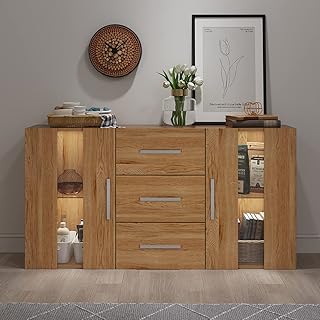 Panana 2 Doors 3 Drawers Sideboard Cupboard Unit Cabinet RGB LED lighted Storage with glass on the door and inside (OA)