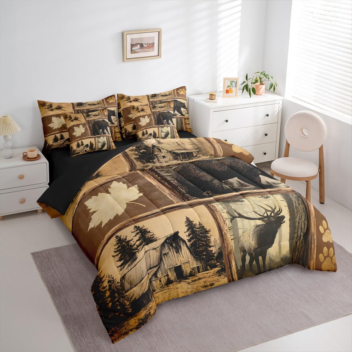 Erosebridal Rustic Farmhouse Queen Bedding Set 7 Piece Retro Western Cabin Lodge Bed in A Bag with Sheets Hunting Bear Deer Pattern Comforter Set for Kids Adults,Maple Leaves Woodland Check Bed Sets