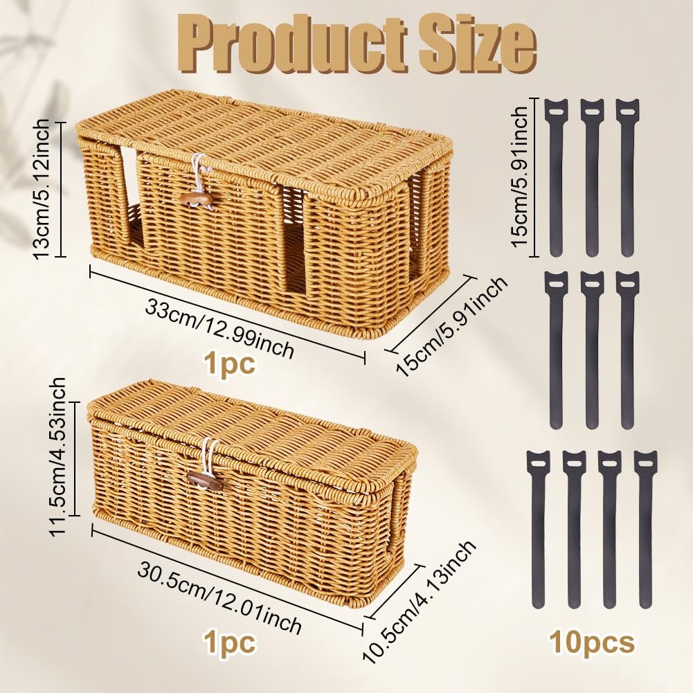 ORIGACH Confezione da 2 scatole portaoggetti in rattan con coperchio, per tenere sotto la scrivania il router, con 2 e 4 uscite, per cavi TV, computer, router, hub USB e presa multipla