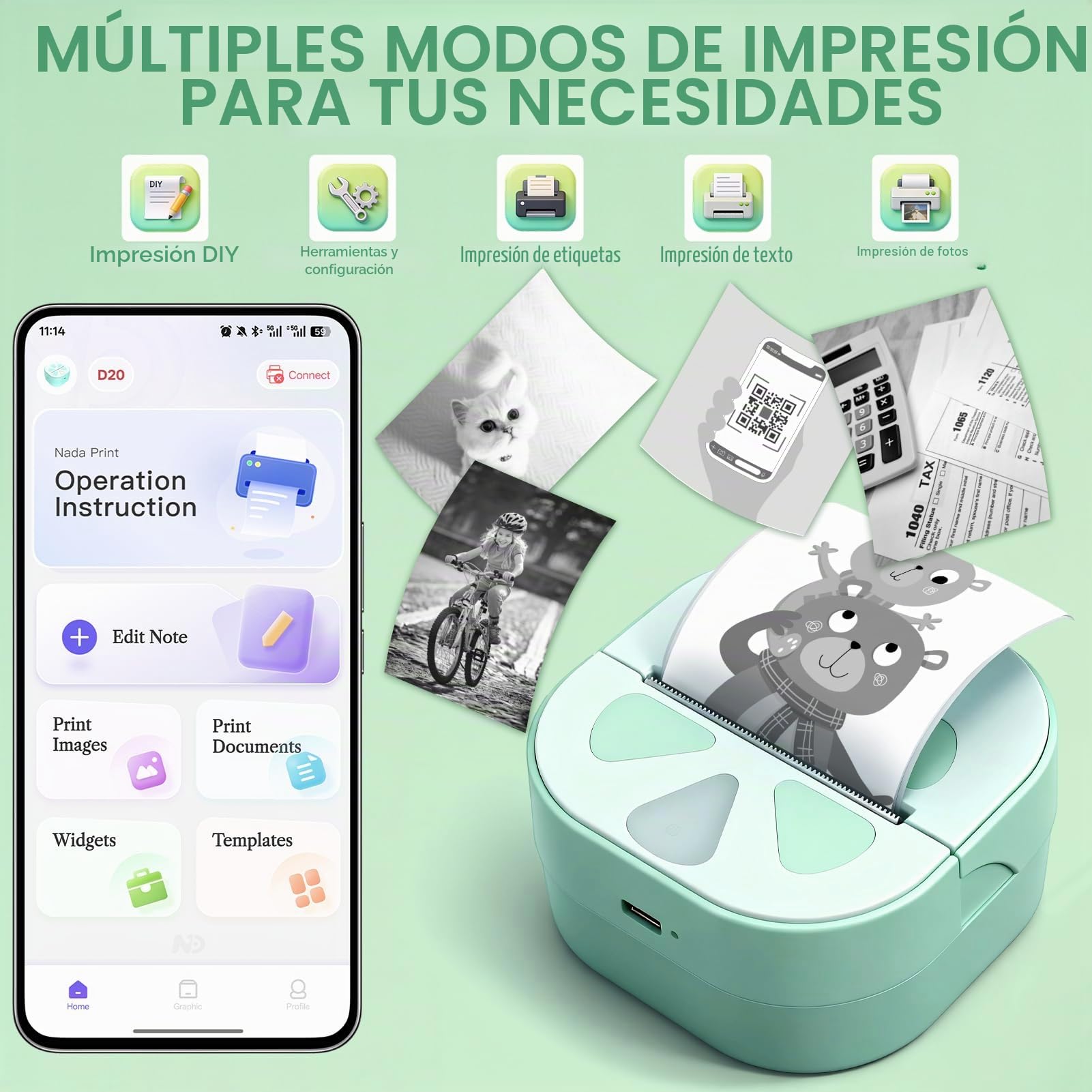 Mini Impresora Térmica,Impresora Fotos Portátil Bluetooth Inalámbrica Cable USB Compatible con iOS y Android Impresora Pegatinas con 3 Rollos de Pape para Fotos Notas Pegatinas Móvil Regalos