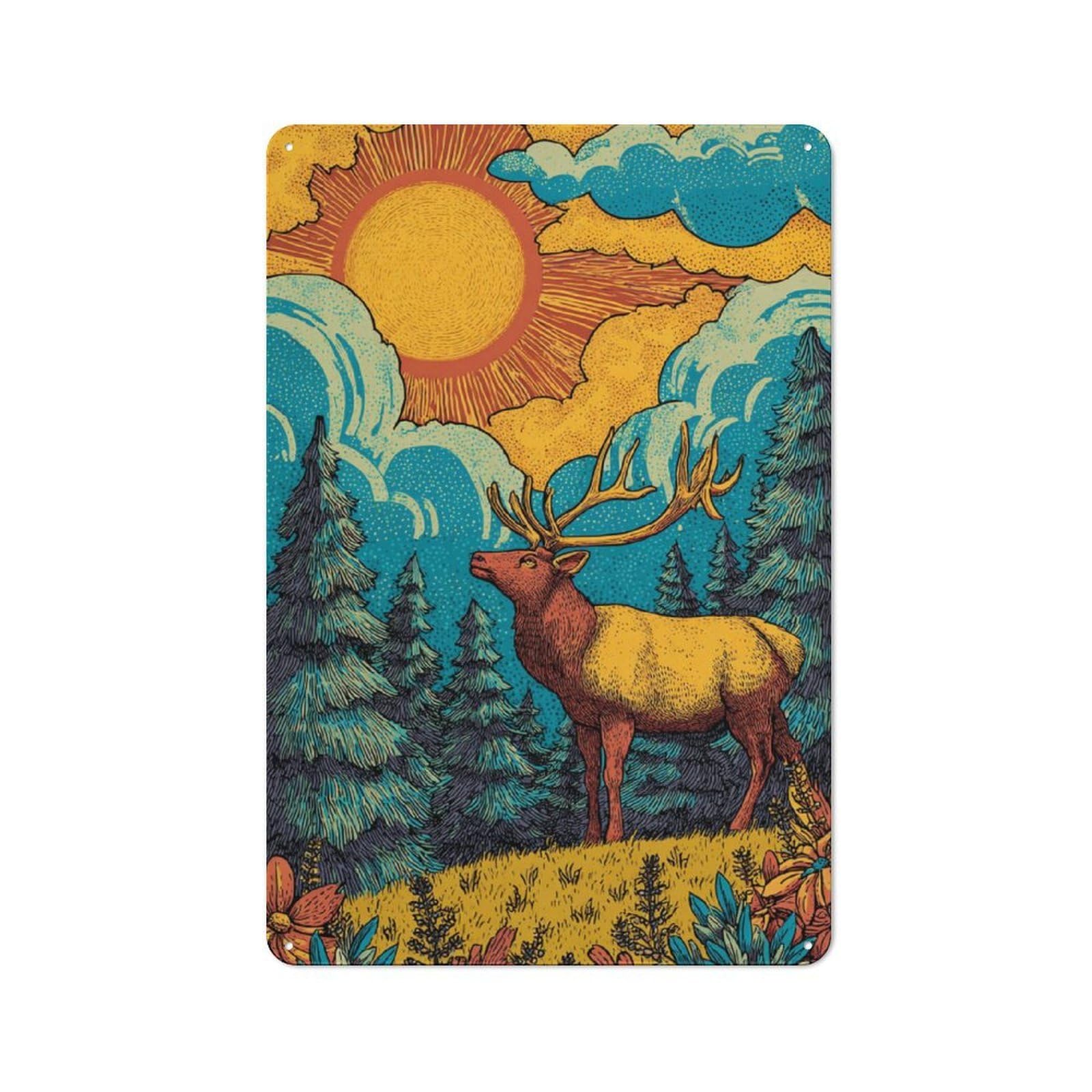 Junmoney Elk In The Forest Glow Decorative Tin Sign 30X20cm, Old Fashioned Vintage Wall Decor For Lounge, Study, Pub Or Wall Gallery