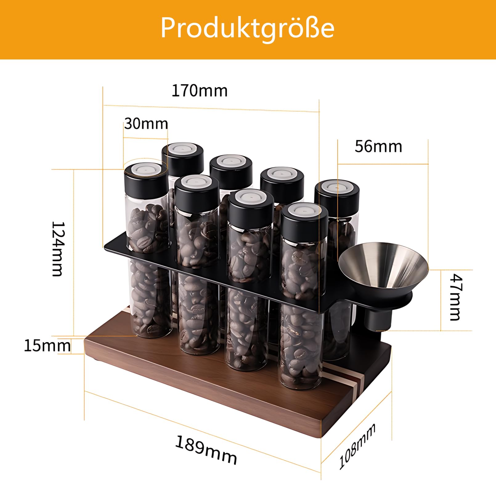 Kaffeebohnen Behälter 8 Tuben Walnuss Ständer Trichter Einzeldosis Schwarz | Espressobohnen Aufbewahrung Kaffeedose Set Portionierer Glas Röhrchen Holz Halter Dose Frischhalteventil Barista Geschenk