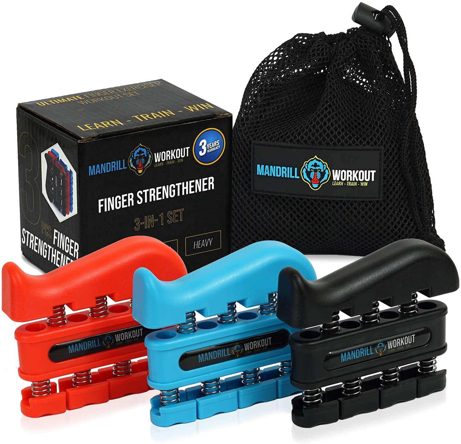 (3 Pack) Finger Strengthener Workout Kit - Finger Exerciser for Forearm and Hand Grip Strengthener - Workout Equipment for Musician, Rock Climbing and Therapy - Hand Gripper Set Finger Grip Kit