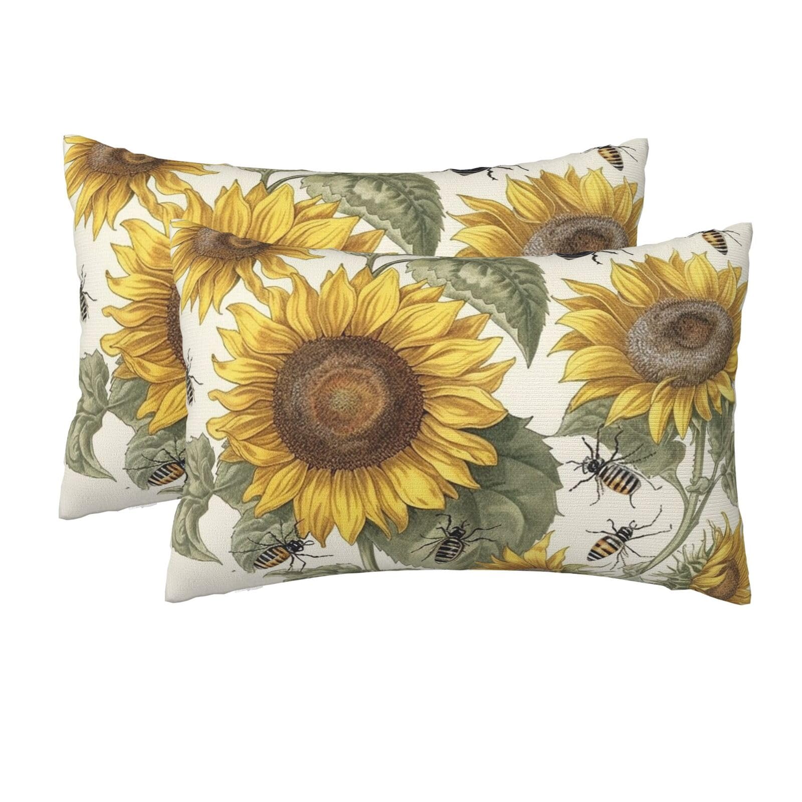 2 Pack Queen Size Pillow Cases for Hair and Skin Soft Breathable Pillow Case Covers with Hidden Zipper Sunflowers and Insects Pillowcase 20x30 Inches Pillow Cover for Sleeping Gift