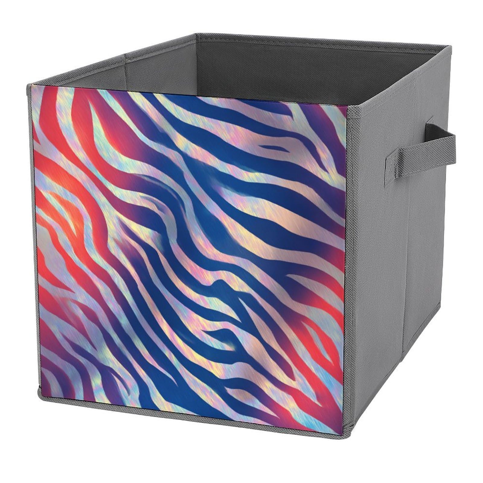 Jubonexis Red White And Blue Zebra Holographic Print Cube Storage Bins Storage Cubes Foldable Decorative Fabric Storage Baskets Home Organizers with Handles for Shelves,Closet, 27x27 CM