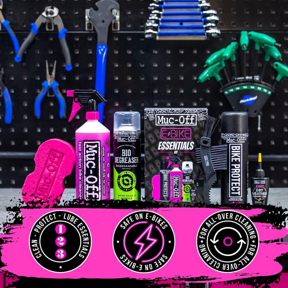Muc-Off eBike Essentials Kit – Zestaw do Czyszczenia Roweru Elektrycznego – Zestaw Rowerowy Zawiera Środki do Czyszczenia Roweru Elektrycznego i Ochronny Środek Antykorozyjny Bike Protect