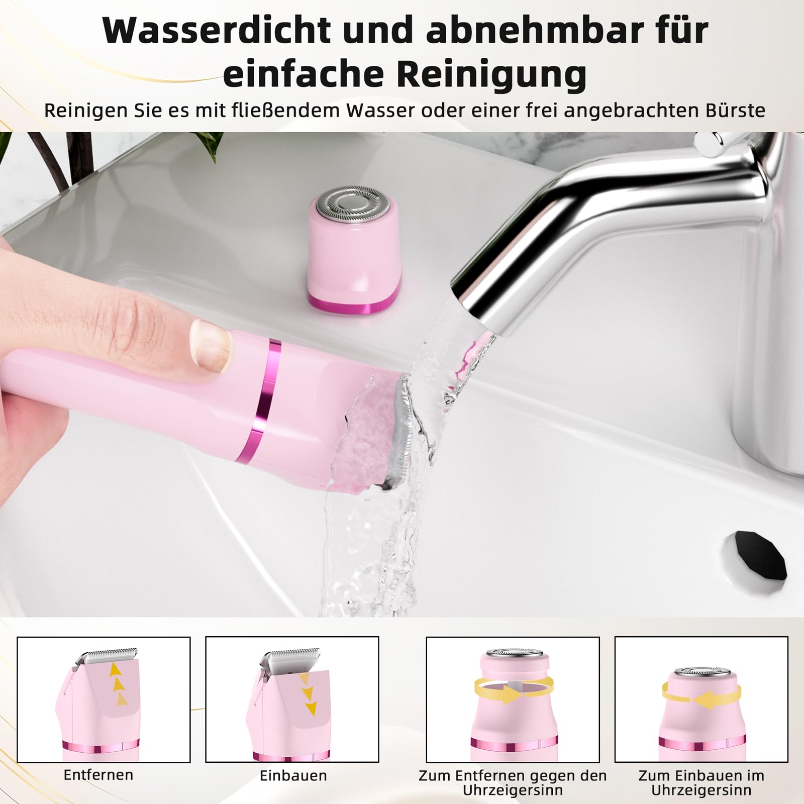 Rasoir Electrique Femme, 2 en 1 Tondeuse précise pour visage, Wet&Dry Tondeuse Bikini Femme pour Visage, Bras, Jambes, Aisselles, IPX7, nettoyage facile (Rose)