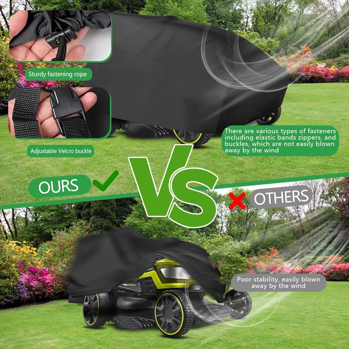 OBTANIM Funda impermeable para cortacésped de exterior, poliéster Oxford resistente al polvo, protección contra el polvo, cubierta para tractor de césped de hasta 54 pulgadas, con cordón y bolsa de
