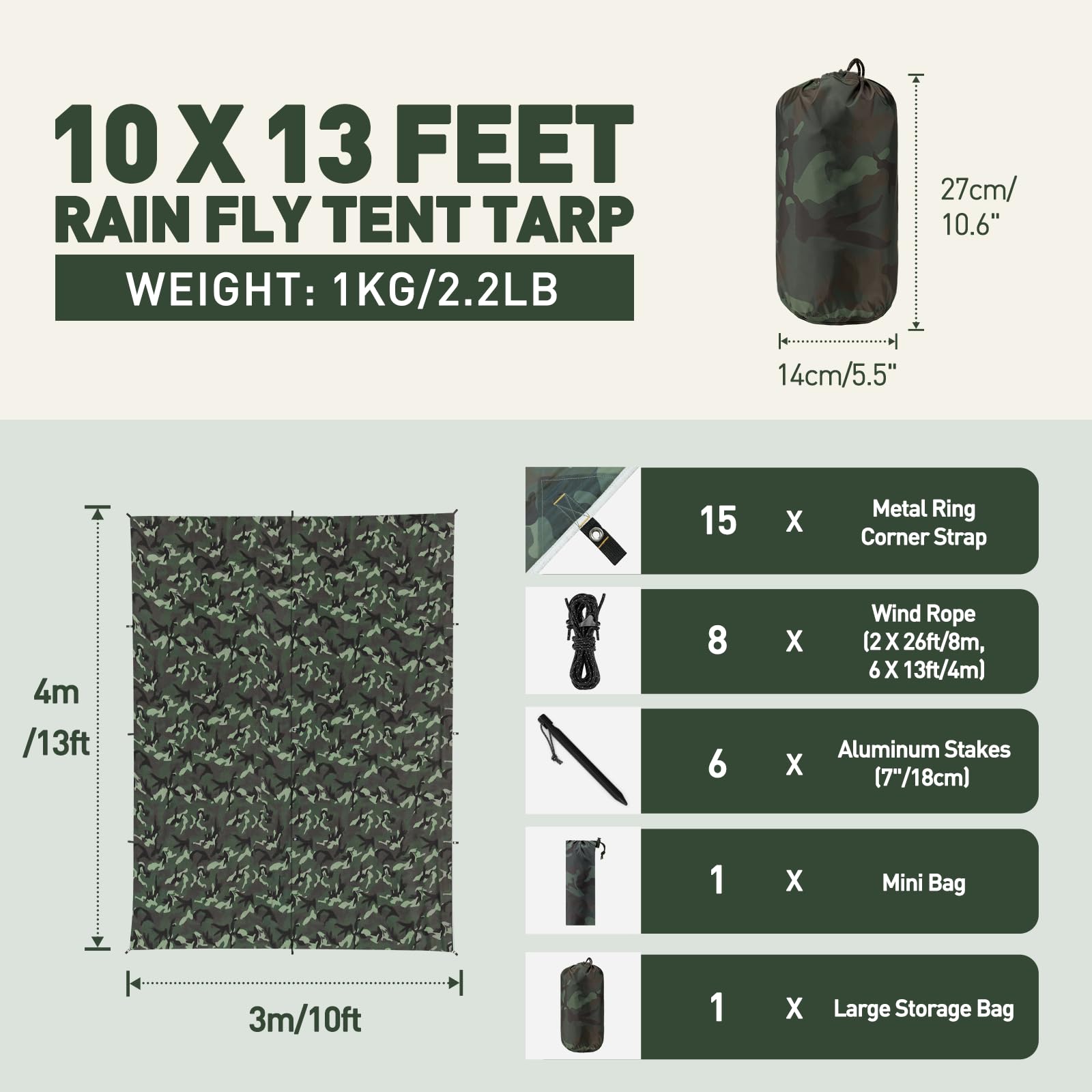 Toldo Camping 3X4M Impermeable, Ultraligero y Portátil Toldo de Refugio, Tienda de Campaña Hamaca, Protección UV, Anti Desgarro, Tarp para Picnic Pesca Camping Senderismo(Camuflaje)