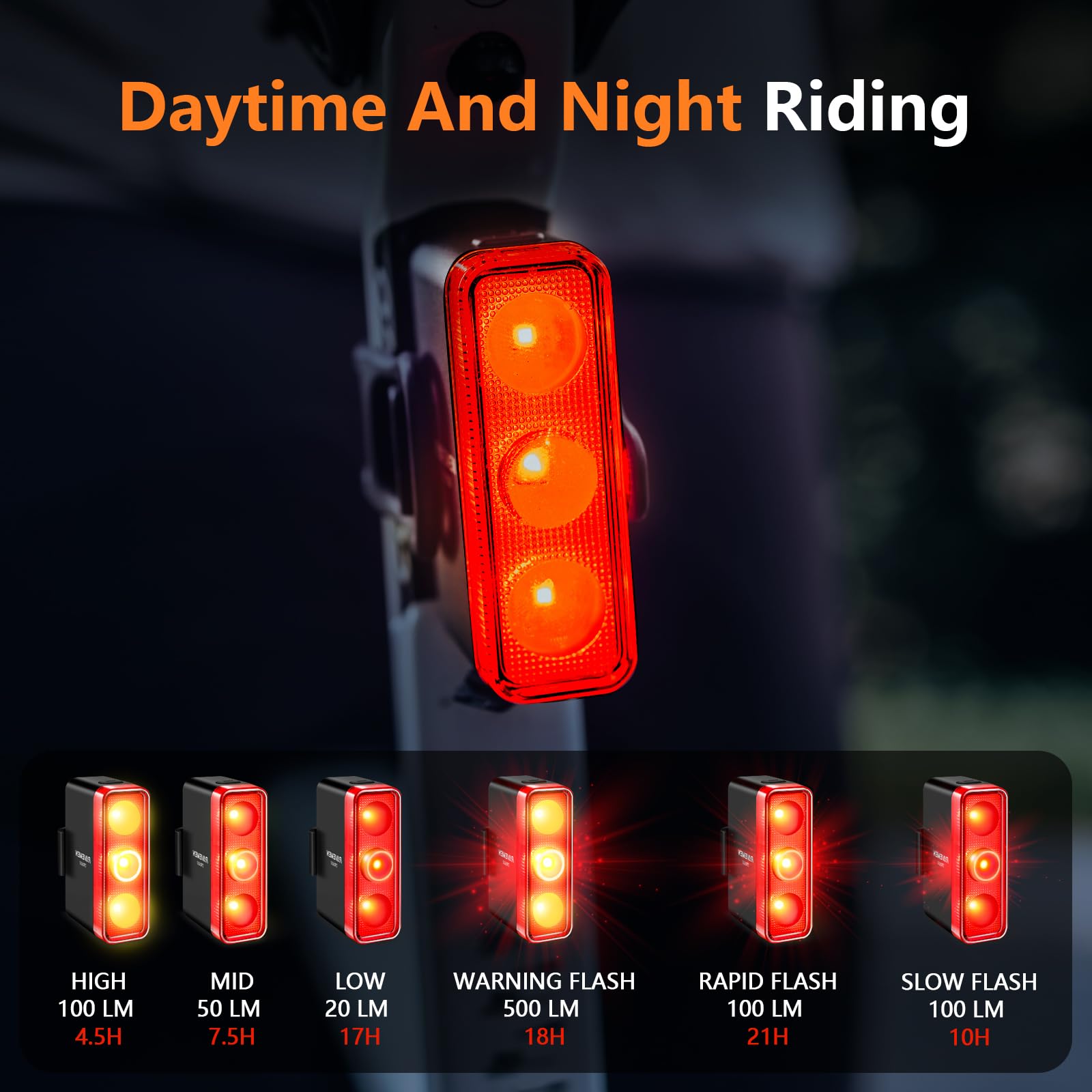RAVEMEN TR500 Feu arrière de vélo 500 lumens pour conduite de jour et de nuit, feu arrière de vélo avec détection de freinage, visibilité latérale, 6 modes d'éclairage, rechargeable par USB C, tige de