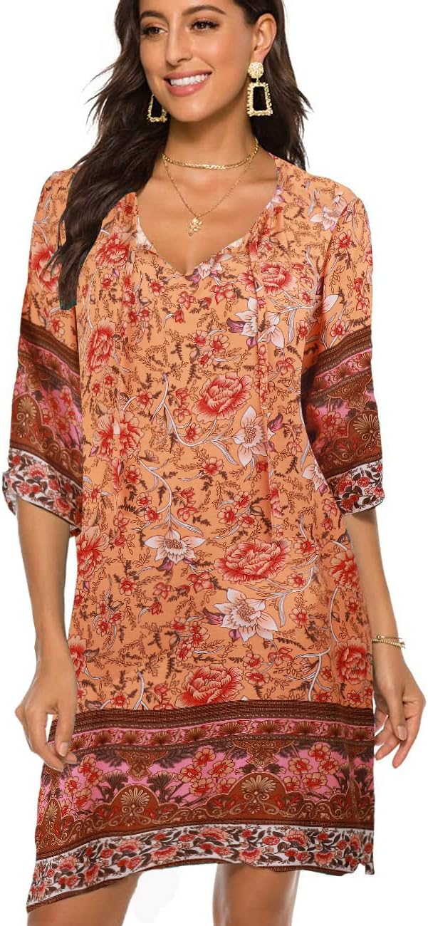 Beyove Boheemse tuniek, strandjurk, zomerjurk, vintage, strandtuniek, 3/4- mouwen, ronde hals, jurk, bloemenpatroon, tuniekjurk, korte top, motief 9, XXL