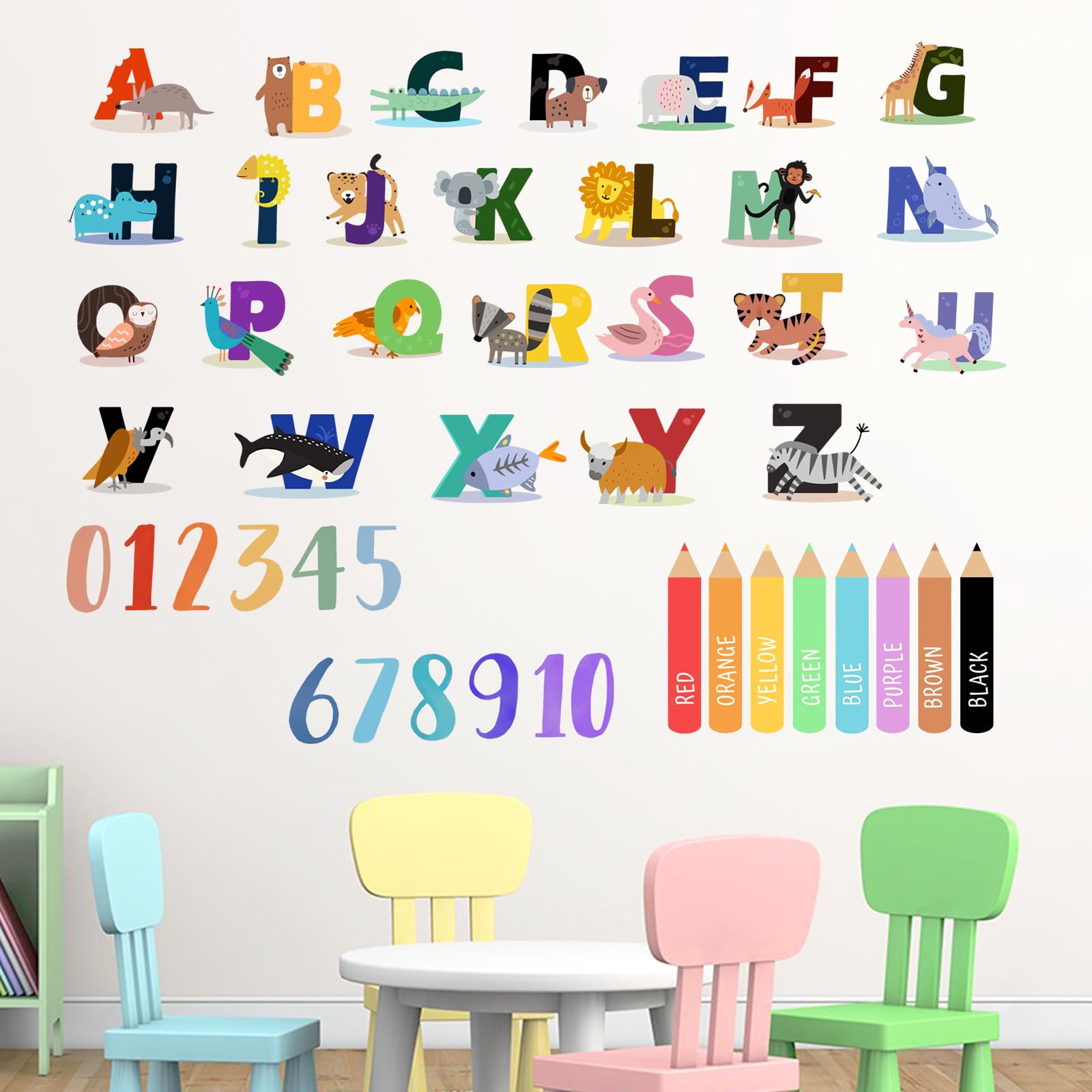 Yovkky Animals Alphabet Wall Decals Stickers, Arabic Numbers 1-10 Educational Learning Counting Toddler Baby Nursery Decor, Colorful Pencils Home
