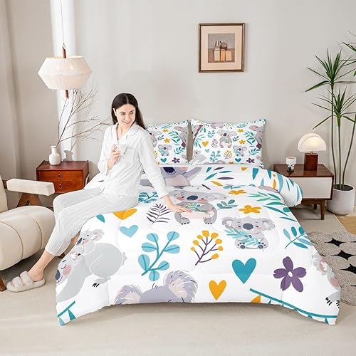 Miniatura 4 de Juego de edredón de koala para niños, juego de ropa de cama de animales salvajes de Australia, hojas y ramas florales, edredón botánico de plumón de