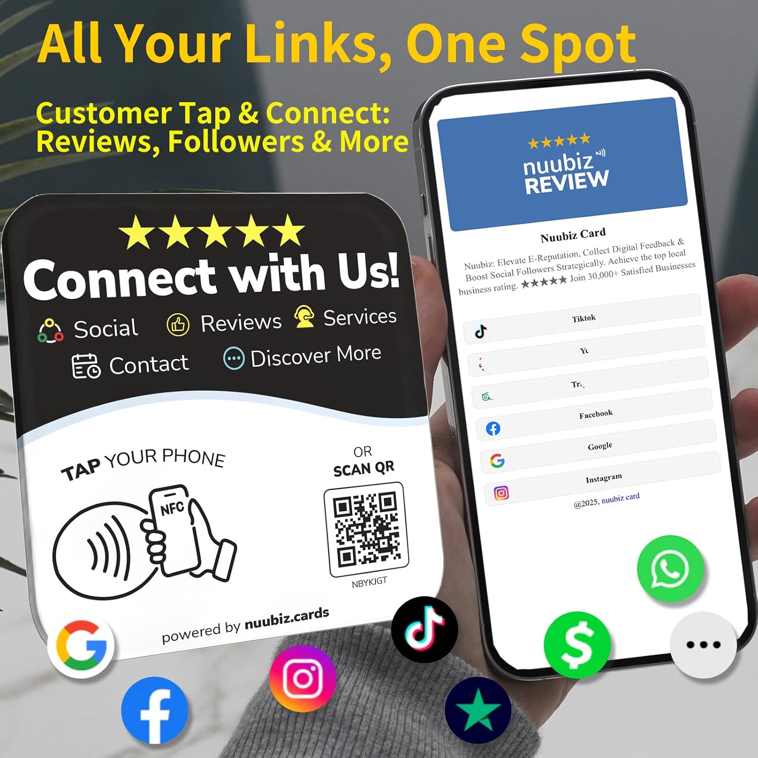 Compatible with Google Review Tap Card & Social Media Sign - Multi Business QR Code Sign NFC Plate – Connect Instagram, Facebook, Website & More – No App/Fees – Acrylic Display with Adhesive & Stand