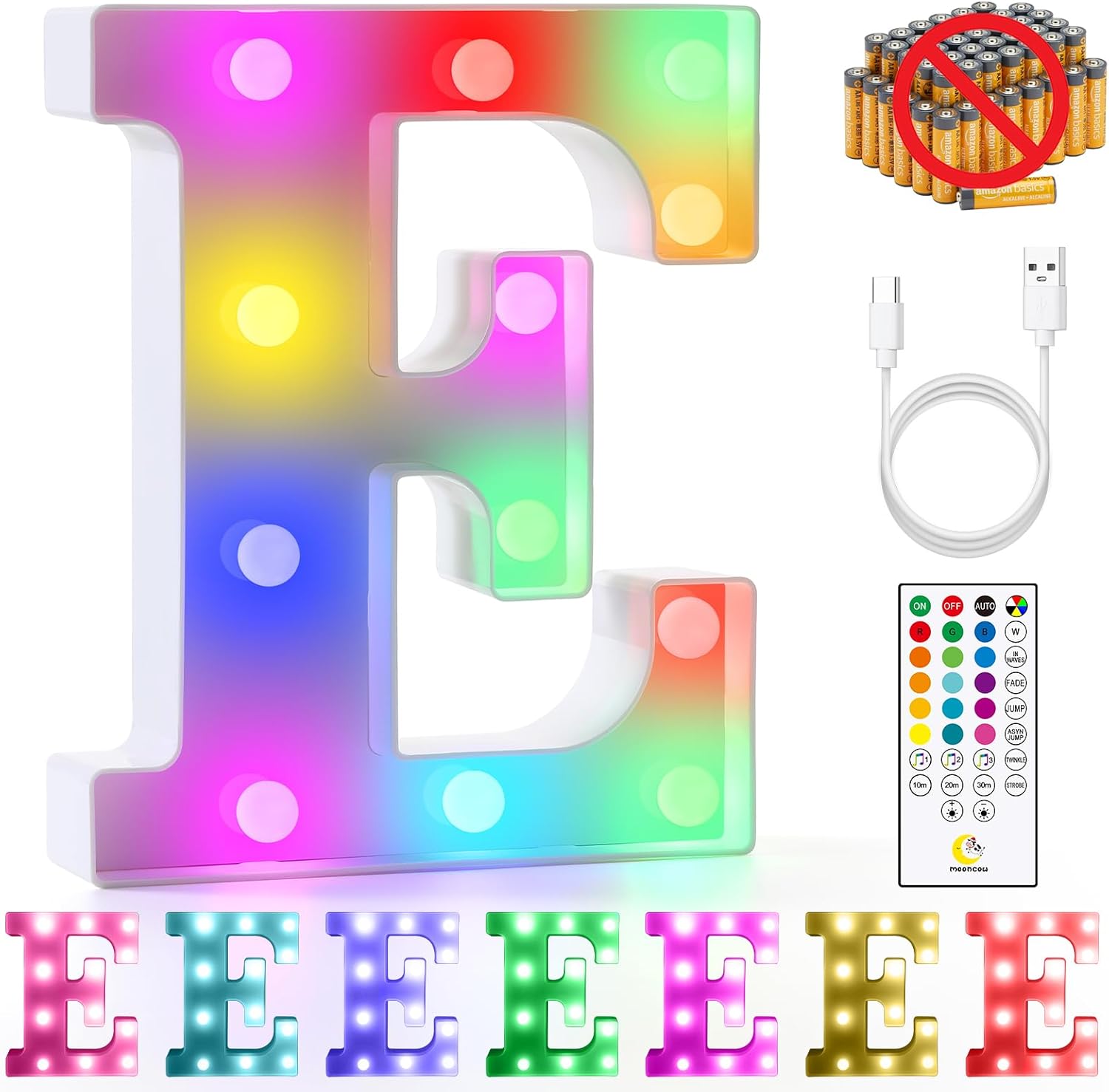 mooncow Rechargeable Light Up Letters,Colorful Marquee Letters with Remote,Gift Wrap Gifts,Bedroom Home Bar Party Decor (E)
