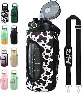 chunmo Half Gallon 64oz Glass Water Bottle with Straw and Storage Sleeve Motivational Water Bottle with Strap and Time to Drink 2L Leakproof Reusable Water Jug for Fitness Gym and Outdoors