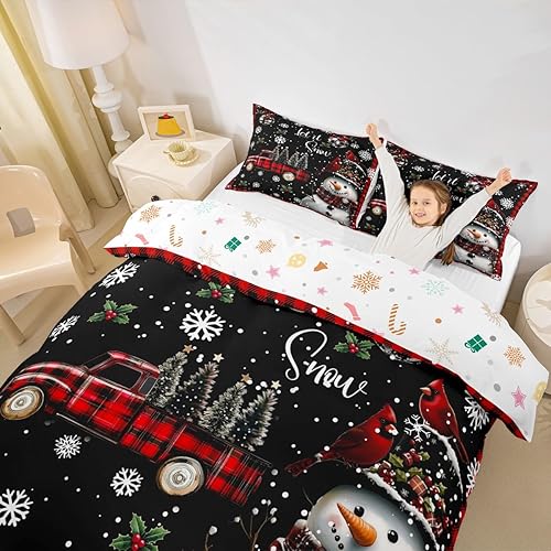 Vista 222 de Juego de funda de edredón rosa de Navidad para niñas, tamaño matrimonial, lindo juego de ropa de cama de dibujos animados de pingüino de Papá Noel