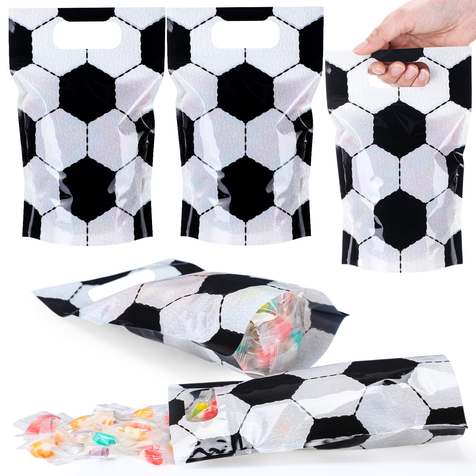 Blosssound 50 Pcs Sport Plastic Bags Clear Soccer Sealed Pouches with Handles Resealable Soccer Party Favor Bags for Sports Theme Birthday Party Candy